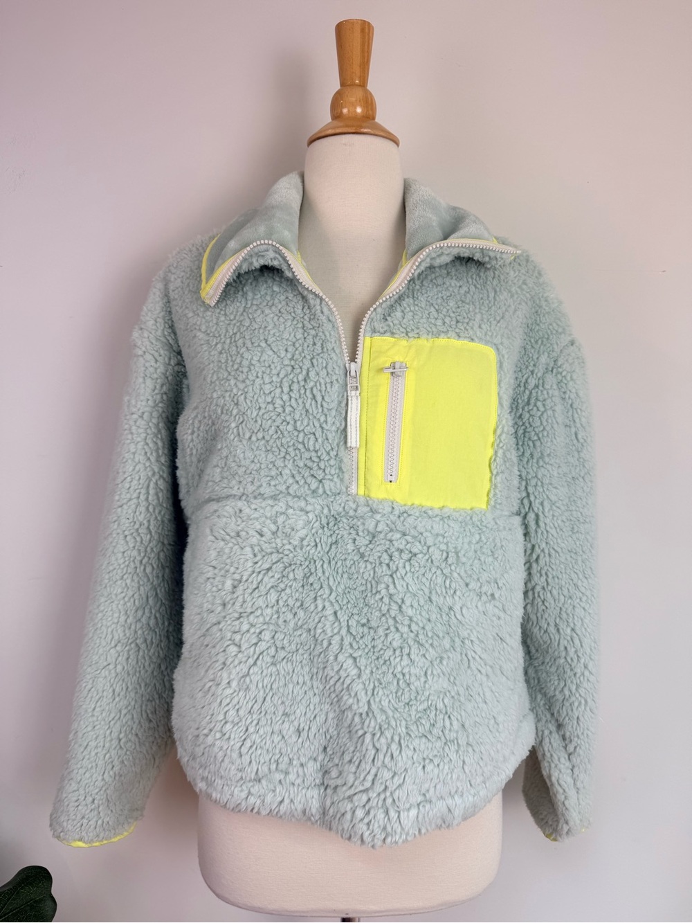 Anthropologie Mint Plush Half-Zip Jacket with Neon Yellow Pocket